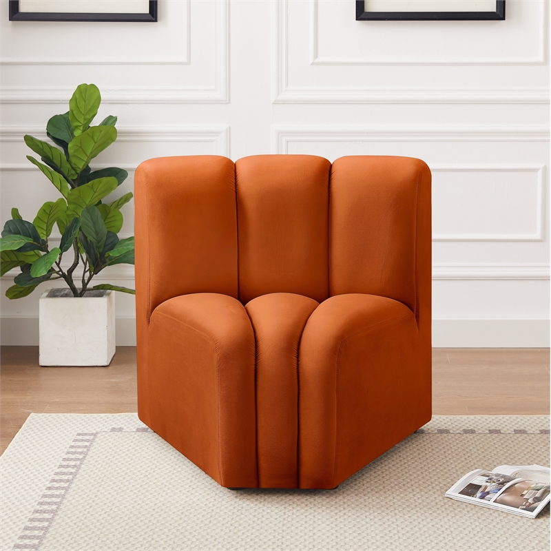 Bowery Hill Contemporary Deep Channel Tufted Soft Cognac Velvet Curved Corner