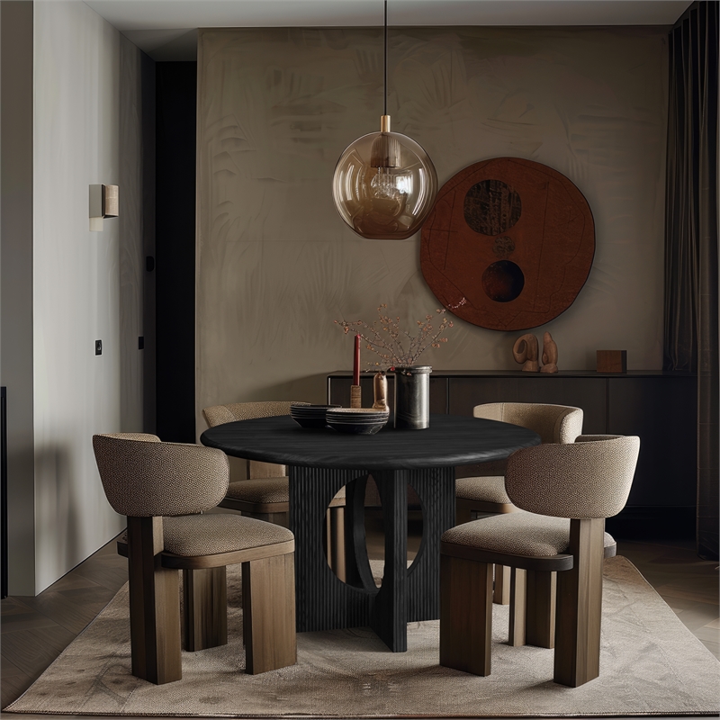 Bowery Hill Mid-Century Modern Solid Wood Fluted Base Rich Black Dining Table