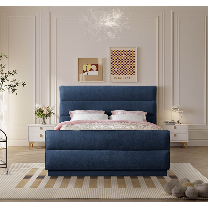 Bowery Hill Contemporary Channel Tufted Navy Chenille Fabric King Bed