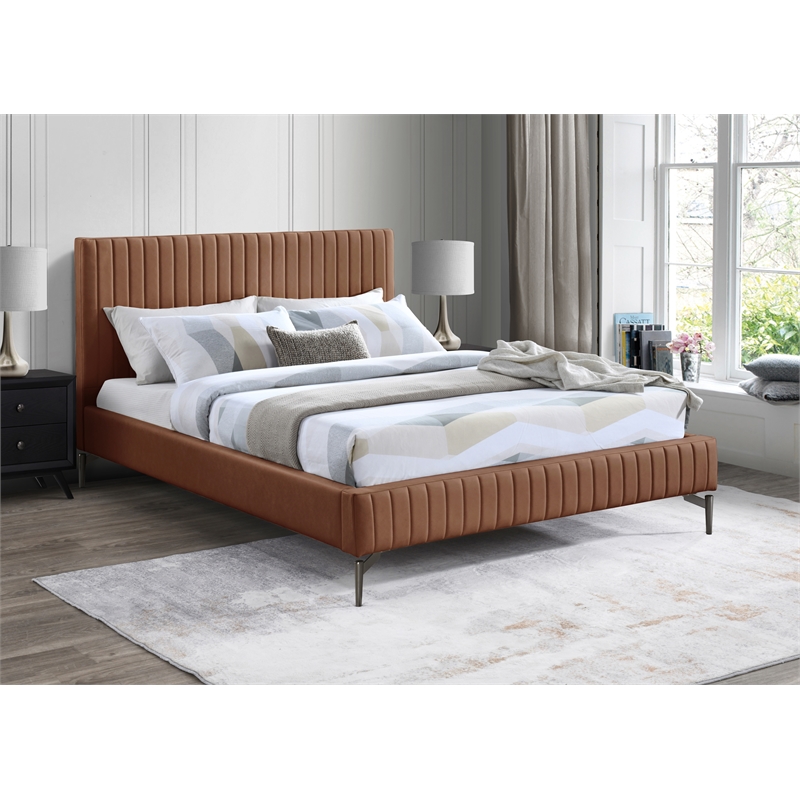Bowery Hill Contemporary Deep Channel Tufted Soft Cognac Vegan Leather King Bed