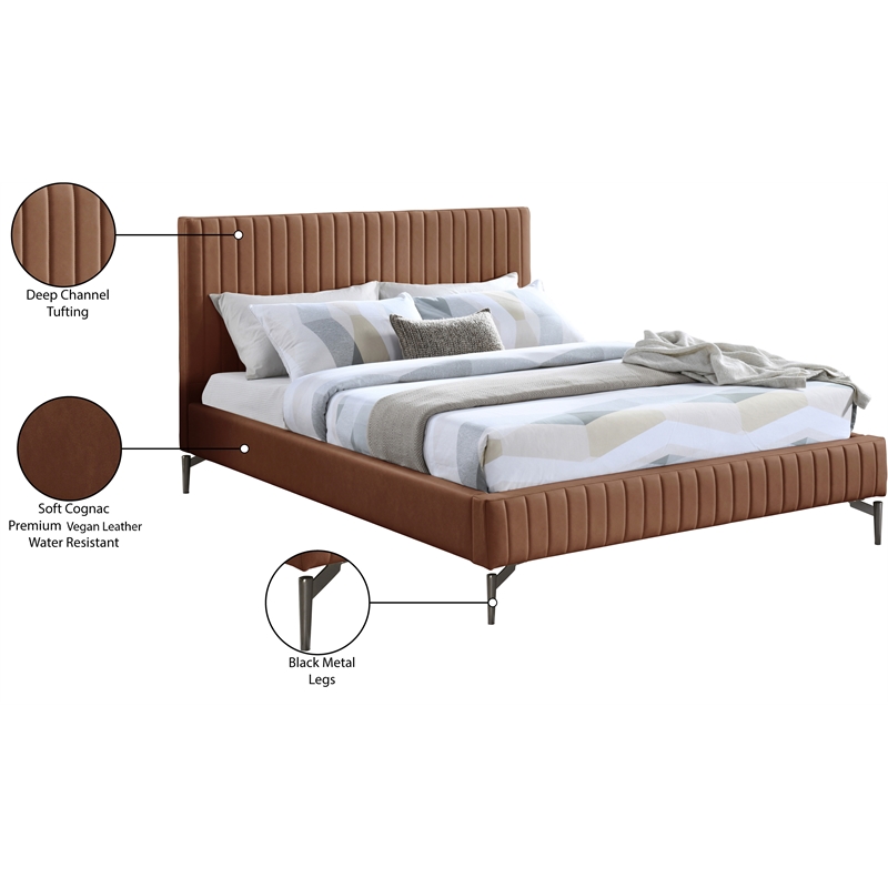 Bowery Hill Contemporary Deep Channel Tufted Soft Cognac Vegan Leather King Bed