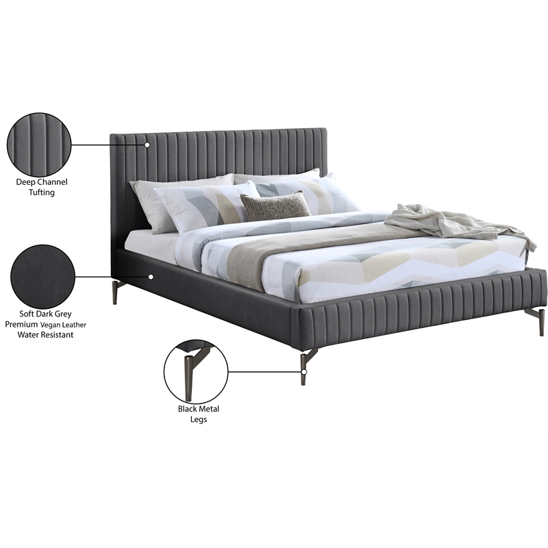 Bowery Hill Contemporary Soft Dark Grey Vegan Leather King Bed