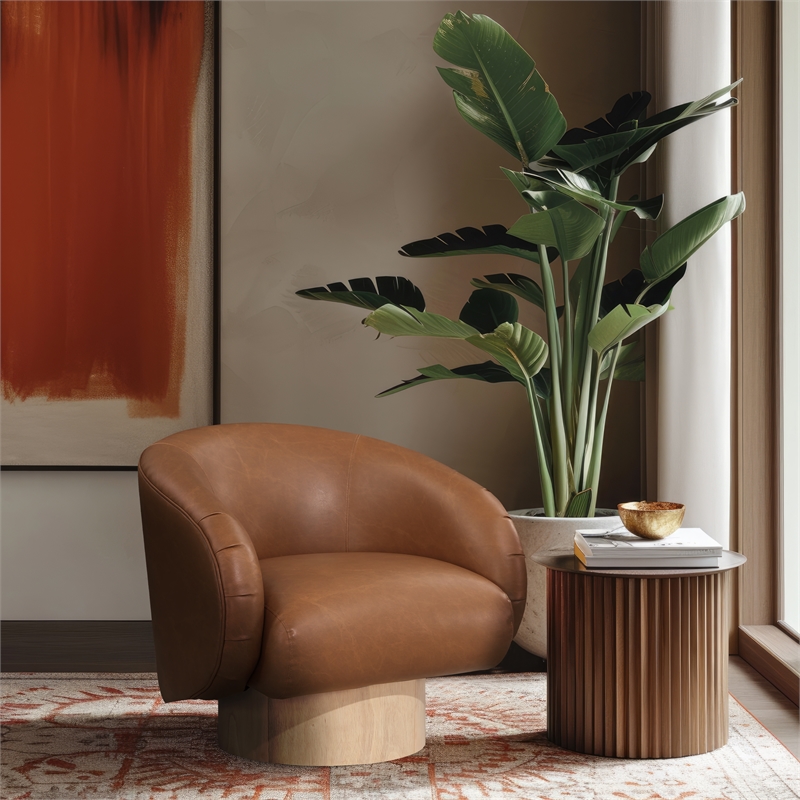Bowery Hill Contemporary Cognac Vegan Leather Swivel Accent Chair
