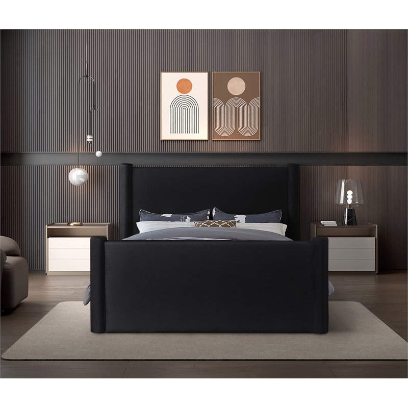 Bowery Hill Contemporary Solid Wood Frame Black Durable Velvet Full Bed