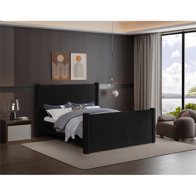 Bowery Hill Contemporary Solid Wood Frame Black Durable Velvet King Bed