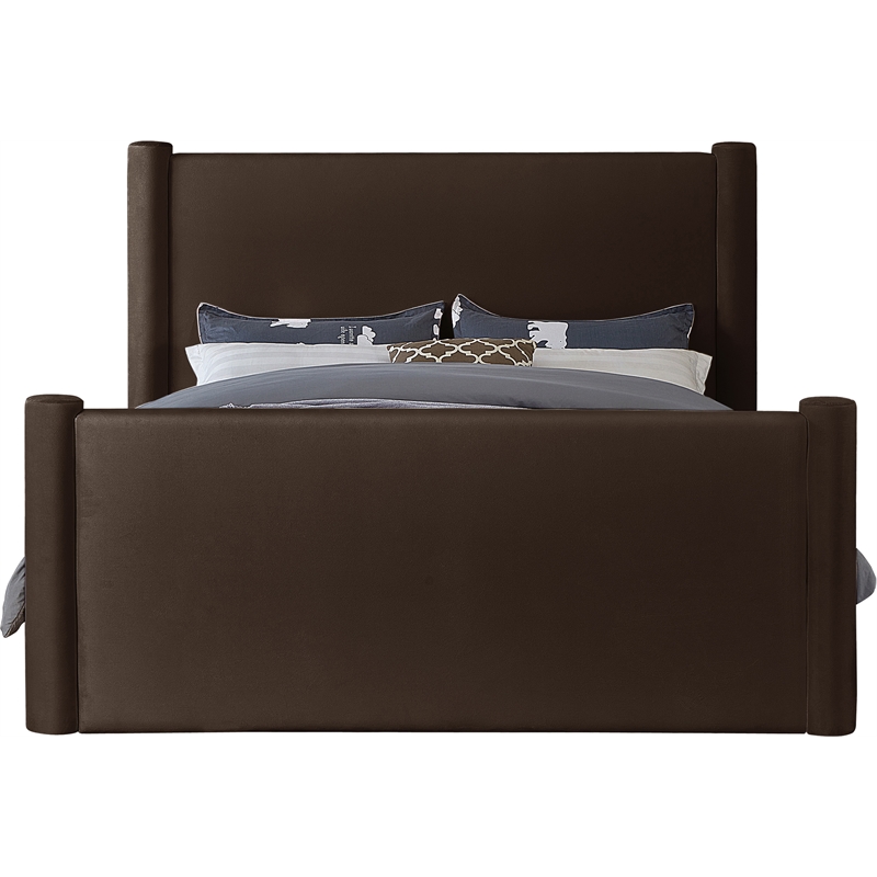 Bowery Hill Contemporary Solid Wood Frame Brown Durable Velvet Queen Bed