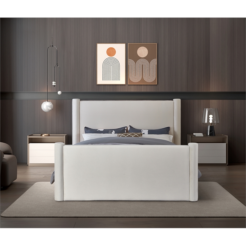 Bowery Hill Contemporary Solid Wood Frame Cream Durable Velvet Full Bed