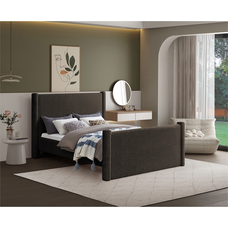 Bowery Hill Contemporary Solid Wood Frame Brown Boucle Fabric Full Bed
