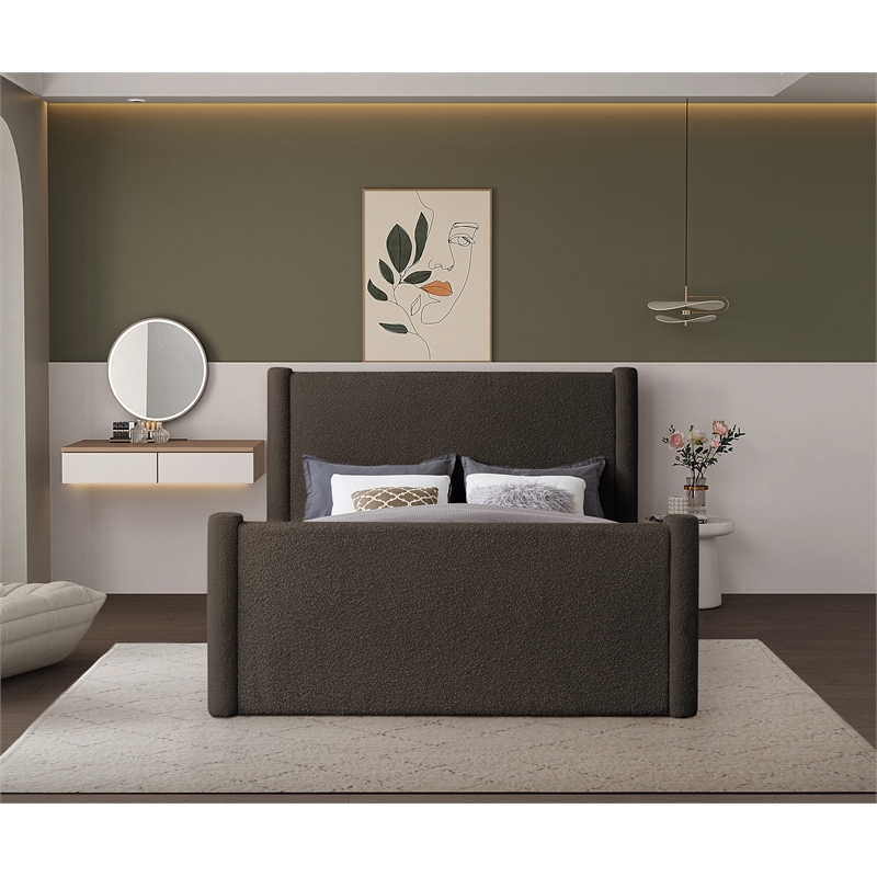 Bowery Hill Contemporary Solid Wood Frame Brown Boucle Fabric Full Bed