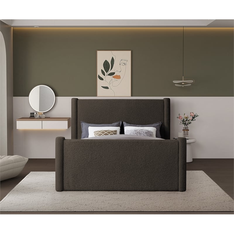 Bowery Hill Contemporary Solid Wood Frame Brown Boucle Fabric Queen Bed