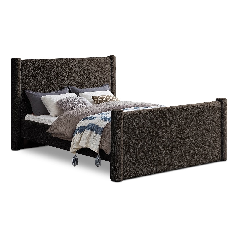 Bowery Hill Contemporary Solid Wood Frame Brown Boucle Fabric Queen Bed