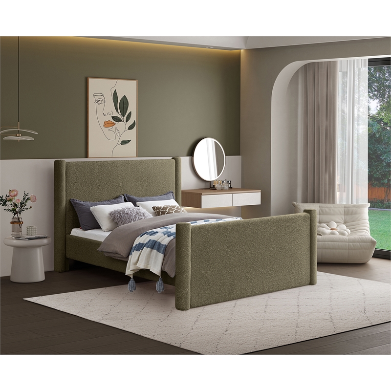Bowery Hill Contemporary Solid Wood Frame Olive Green Boucle Fabric Full Bed