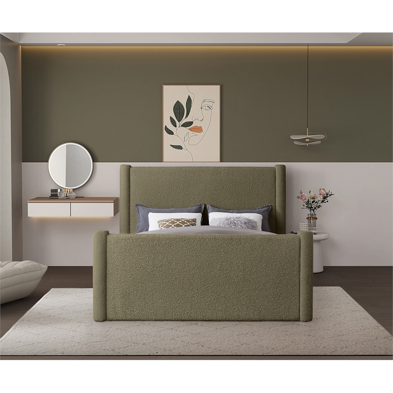 Bowery Hill Contemporary Solid Wood Frame Olive Green Boucle Fabric Full Bed