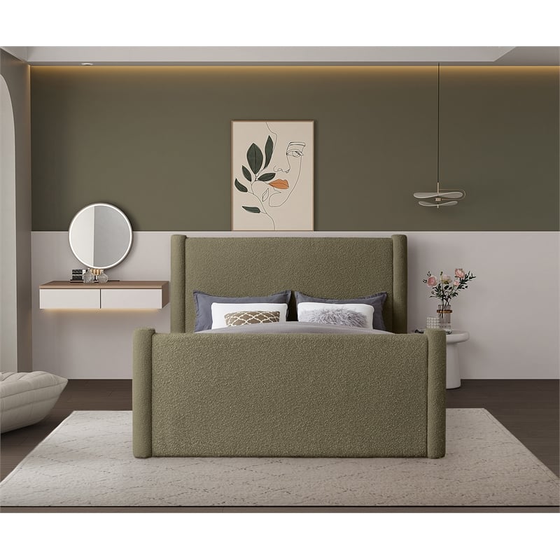 Bowery Hill Contemporary Solid Wood Frame Olive Green Boucle Fabric King Bed