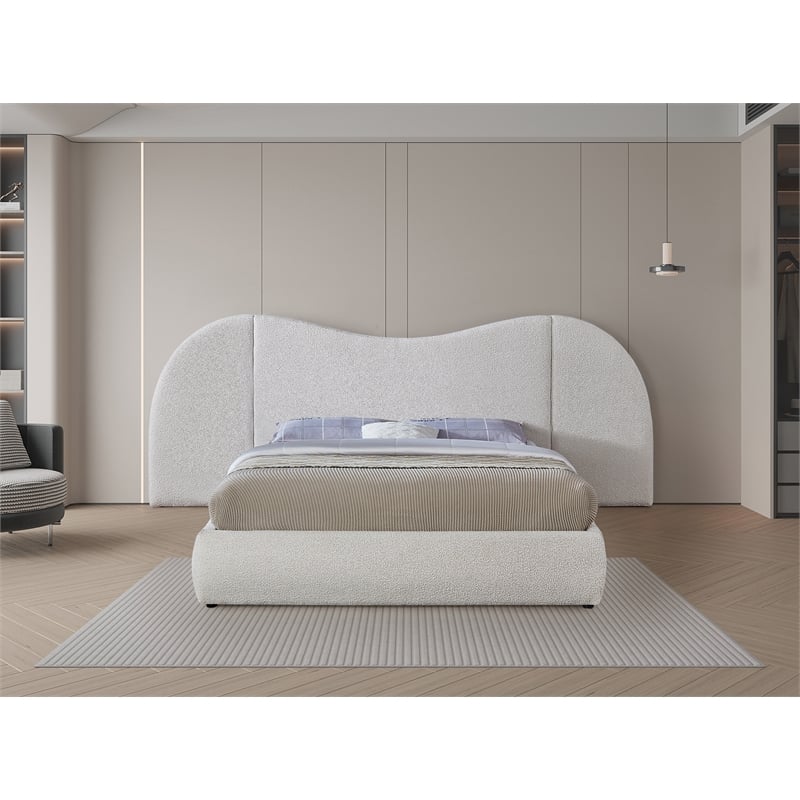 Bowery Hill Contemporary Cream Boucle Durable Fabric Queen Bed