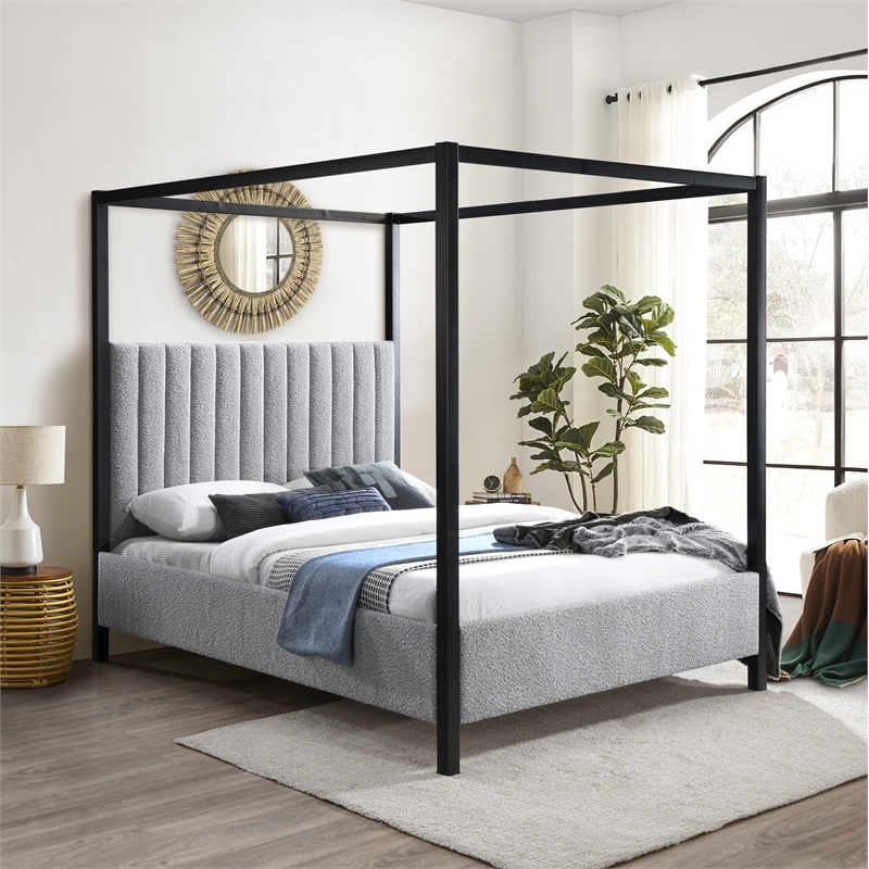 Bowery Hill Contemporary Rich Grey Boucle Durable Fabric Queen Bed