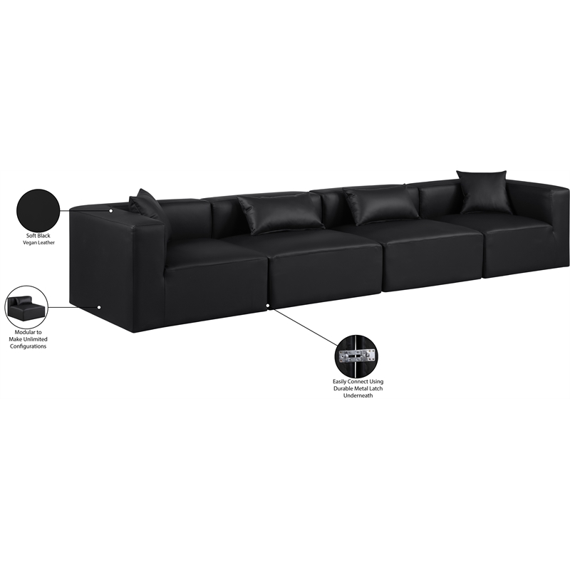 Bowery Hill Contemporary Black Vegan Leather 4-Piece Modular Sofa