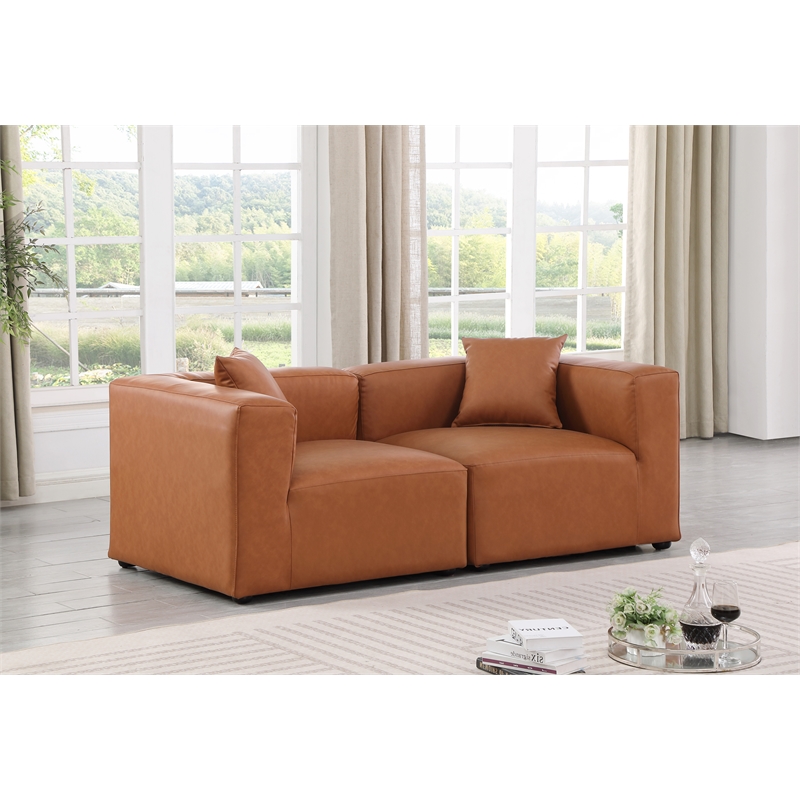 Bowery Hill Contemporary Cognac Vegan Leather 2-Piece Modular Sofa