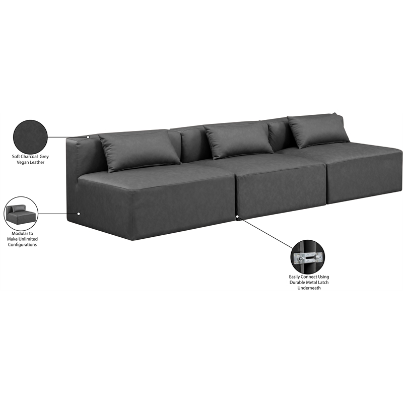 Bowery Hill Contemporary Charcoal Grey Vegan Leather 3-Piece Modular Sofa