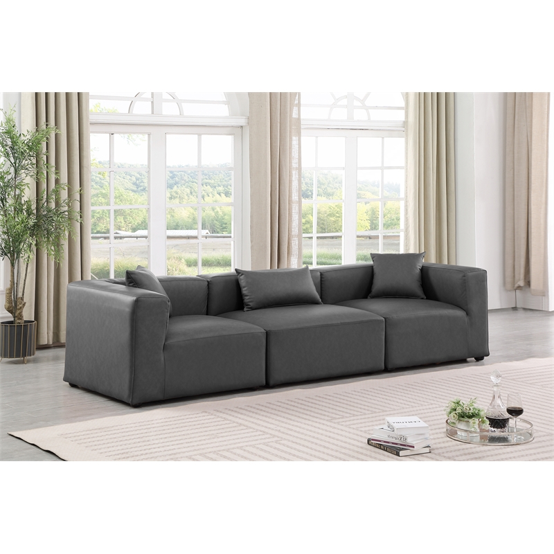 Bowery Hill Contemporary Charcoal Grey Vegan Leather 3-Piece Modular Sofa
