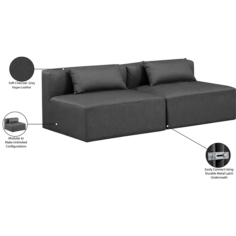 Bowery Hill Contemporary Charcoal Grey Vegan Leather 2-Piece Modular Sofa