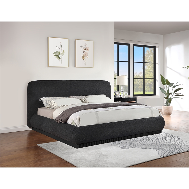 Bowery Hill Contemporary Rich Black Boucle Durable Fabric Queen Bed