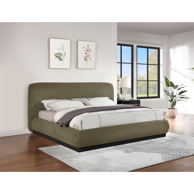 Bowery Hill Contemporary Rich Olive Boucle Durable Fabric Queen Bed