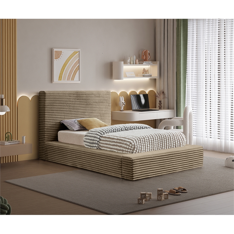 Bowery Hill Contemporary Textured Soft Taupe Corduroy Twin Bed