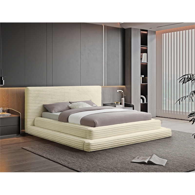 Bowery Hill Contemporary Textured Soft Cream Corduroy Queen Bed