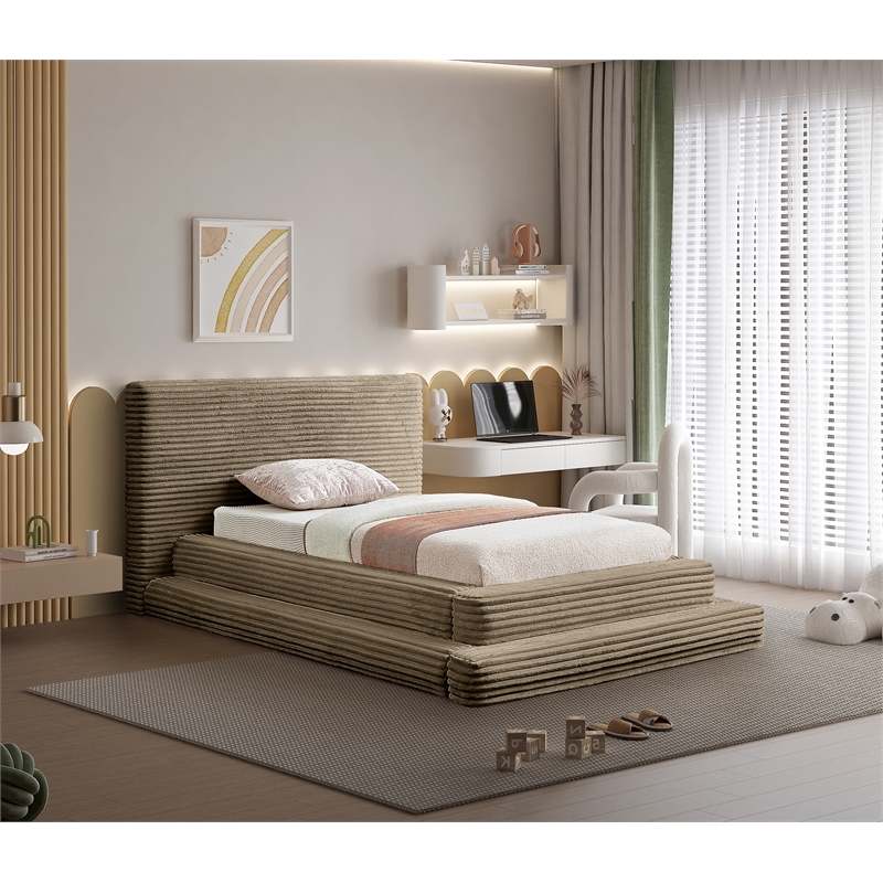 Bowery Hill Contemporary Textured Soft Taupe Corduroy Twin Bed