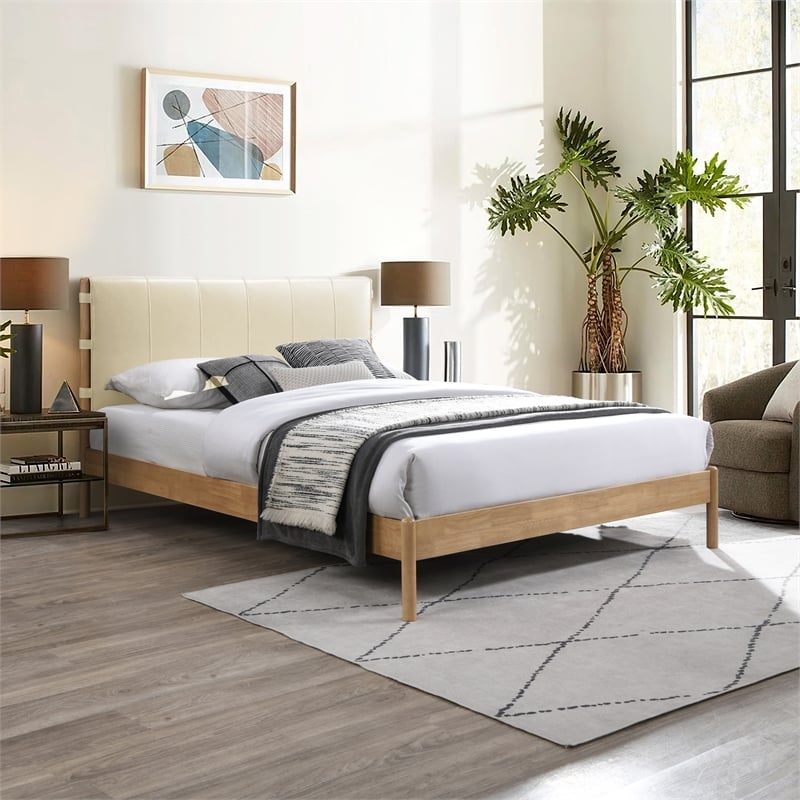 Bowery Hill Mid-Century Modern Soft Cream Vegan Leather Queen Bed