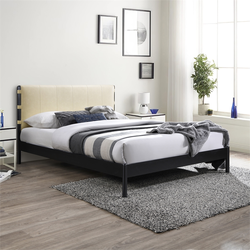 Bowery Hill Contemporary Soft Cream Vegan Leather Queen Fully Slatted Bed