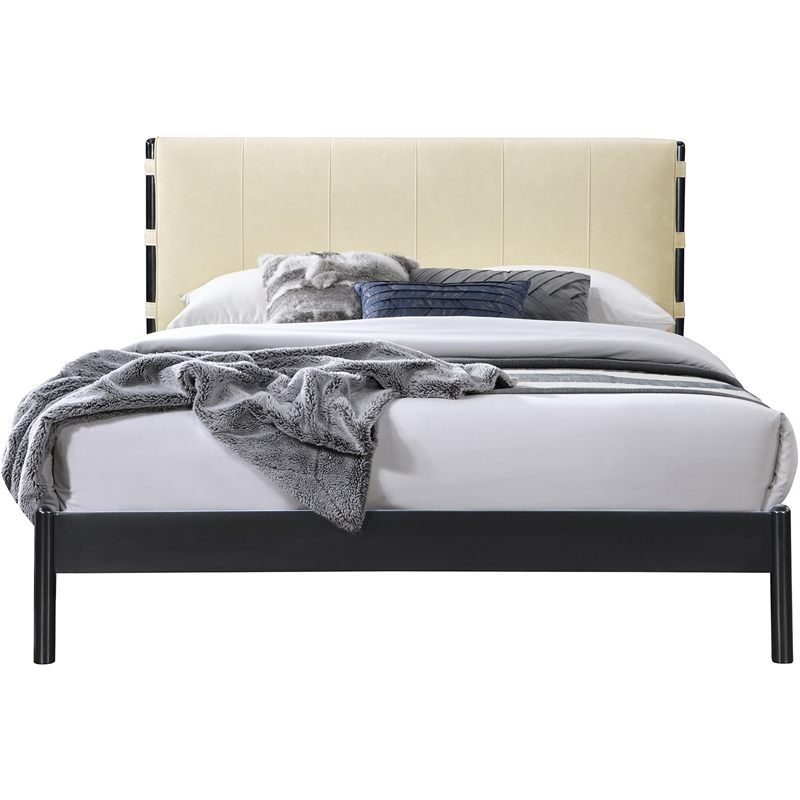 Bowery Hill Contemporary Soft Cream Vegan Leather Queen Fully Slatted Bed