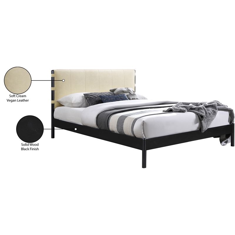 Bowery Hill Contemporary Soft Cream Vegan Leather Queen Fully Slatted Bed