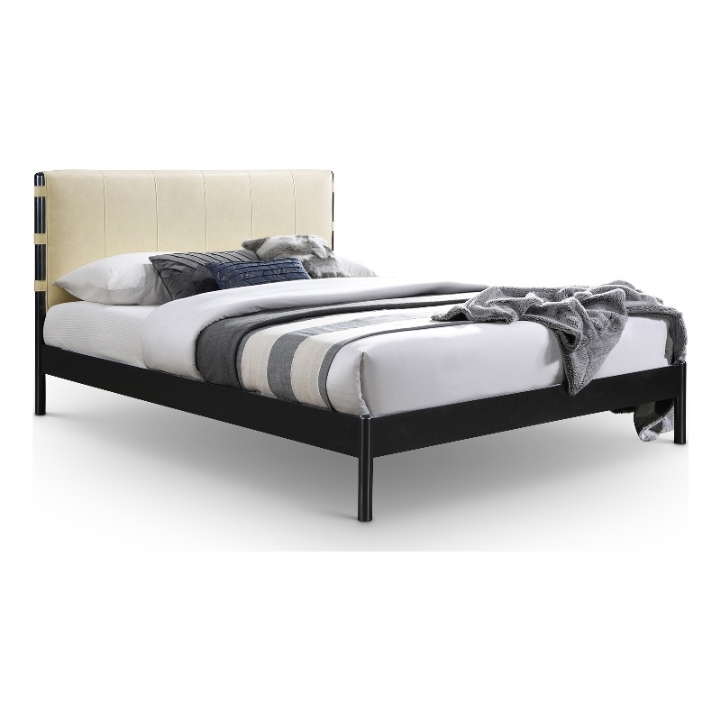 Bowery Hill Contemporary Soft Cream Vegan Leather Queen Fully Slatted Bed