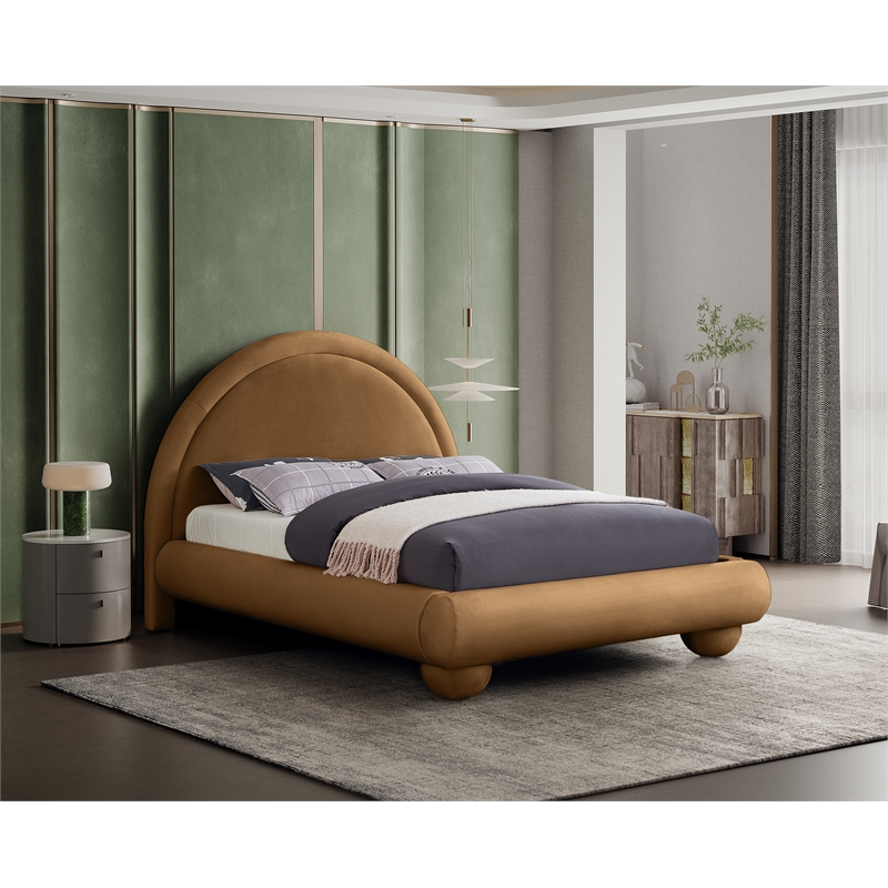 Bowery Hill Contemporary Saddle Durable Velvet Queen Bed with Ball Shaped Legs