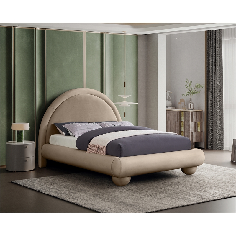Bowery Hill Contemporary Taupe Durable Velvet Queen Bed with Ball Shaped Legs