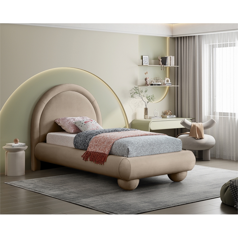 Bowery Hill Contemporary Taupe Durable Velvet Twin Bed with Ball Shaped Legs