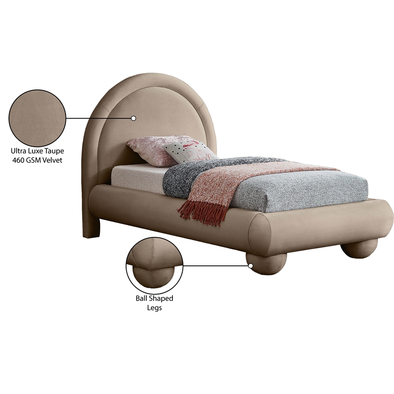 Bowery Hill Contemporary Taupe Durable Velvet Twin Bed with Ball Shaped Legs