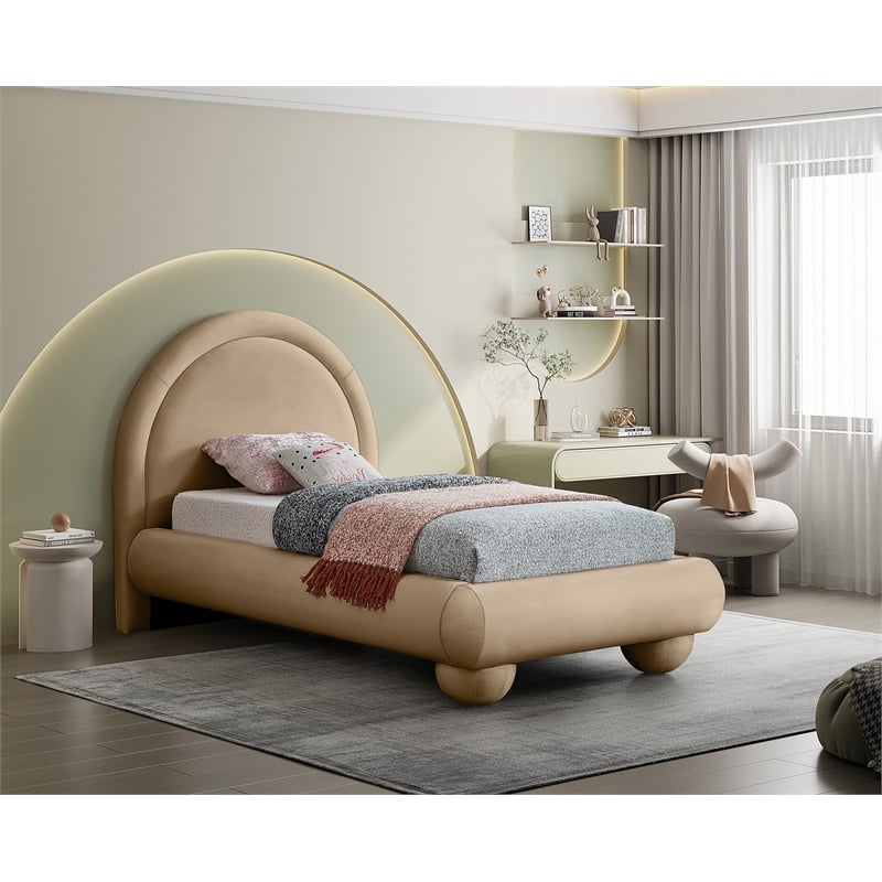 Bowery Hill Contemporary Beige Durable Velvet Twin Bed with Ball Shaped Legs