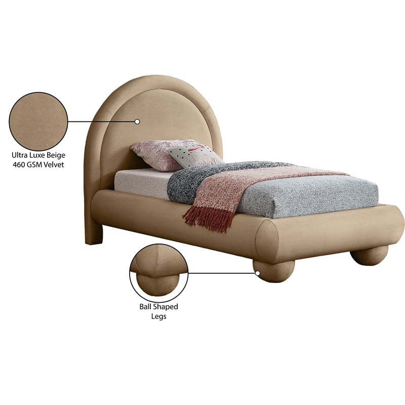 Bowery Hill Contemporary Beige Durable Velvet Twin Bed with Ball Shaped Legs