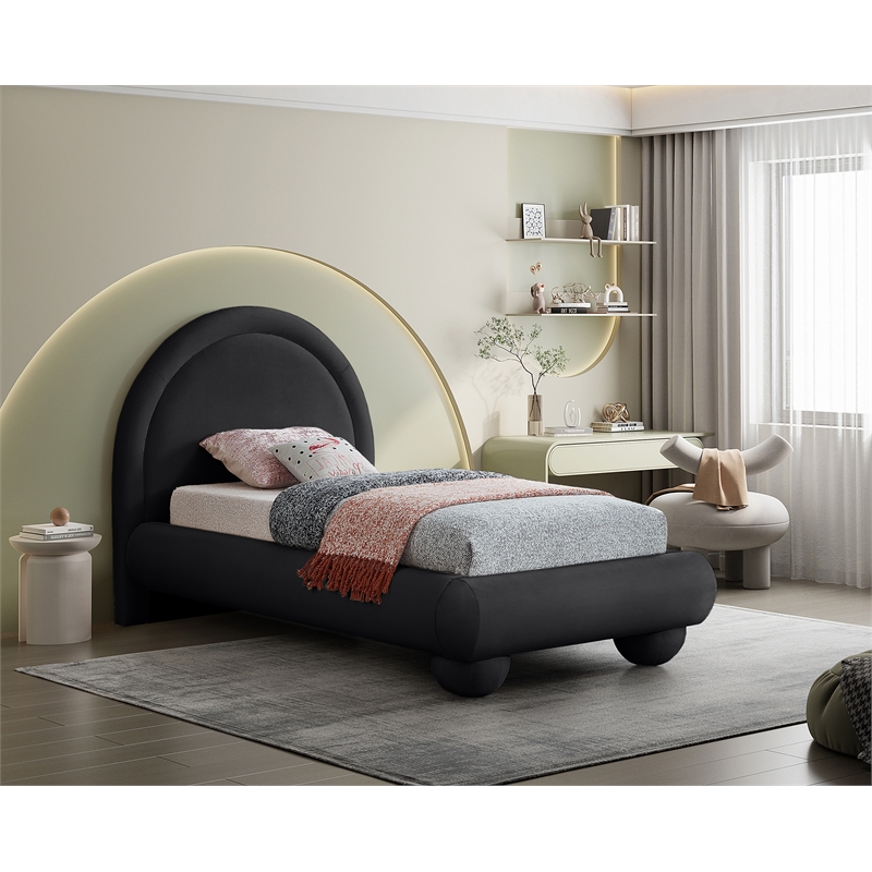 Bowery Hill Contemporary Black Durable Velvet Twin Bed with Ball Shaped Legs