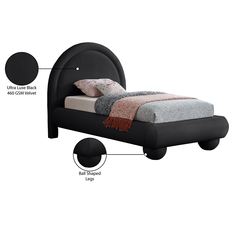 Bowery Hill Contemporary Black Durable Velvet Twin Bed with Ball Shaped Legs