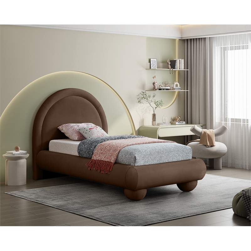 Bowery Hill Contemporary Brown Durable Velvet Twin Bed with Ball Shaped Legs