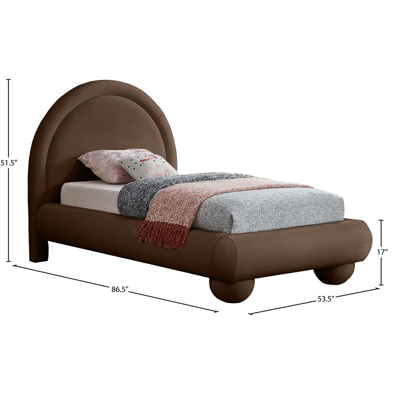 Bowery Hill Contemporary Brown Durable Velvet Twin Bed with Ball Shaped Legs