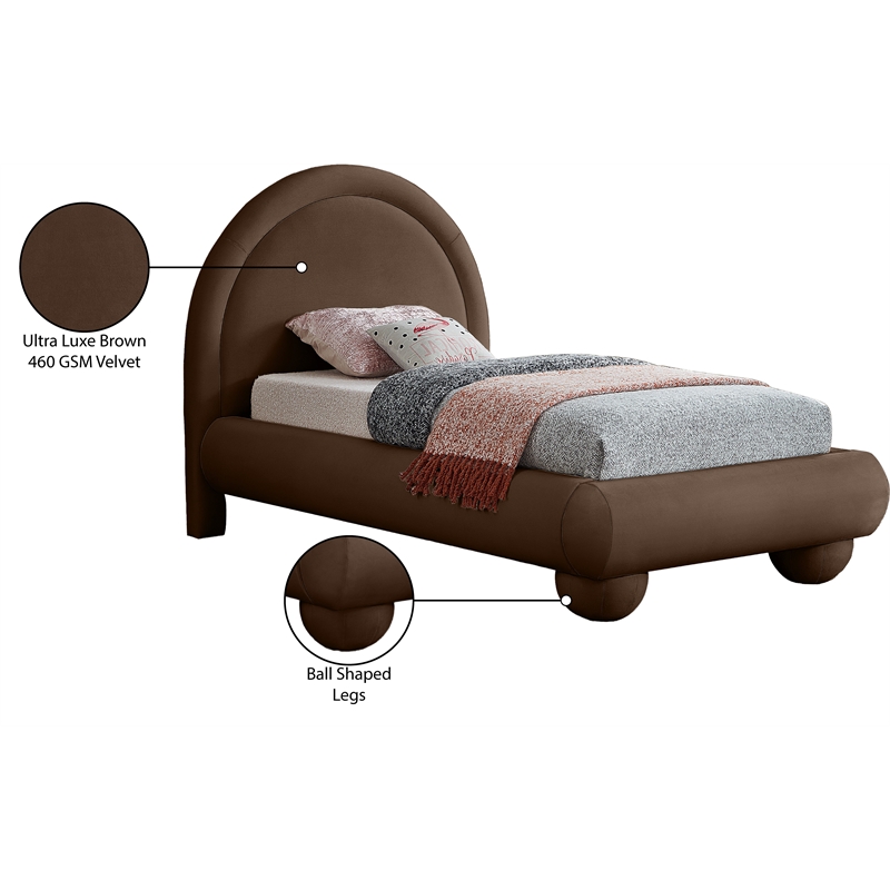 Bowery Hill Contemporary Brown Durable Velvet Twin Bed with Ball Shaped Legs