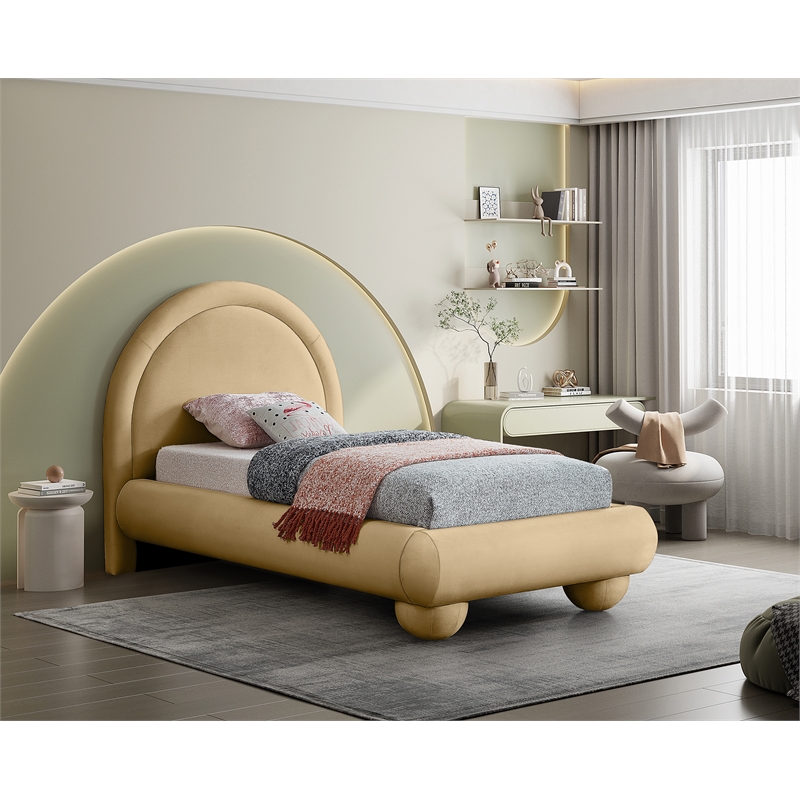 Bowery Hill Contemporary Camel Durable Velvet Twin Bed with Ball Shaped Legs
