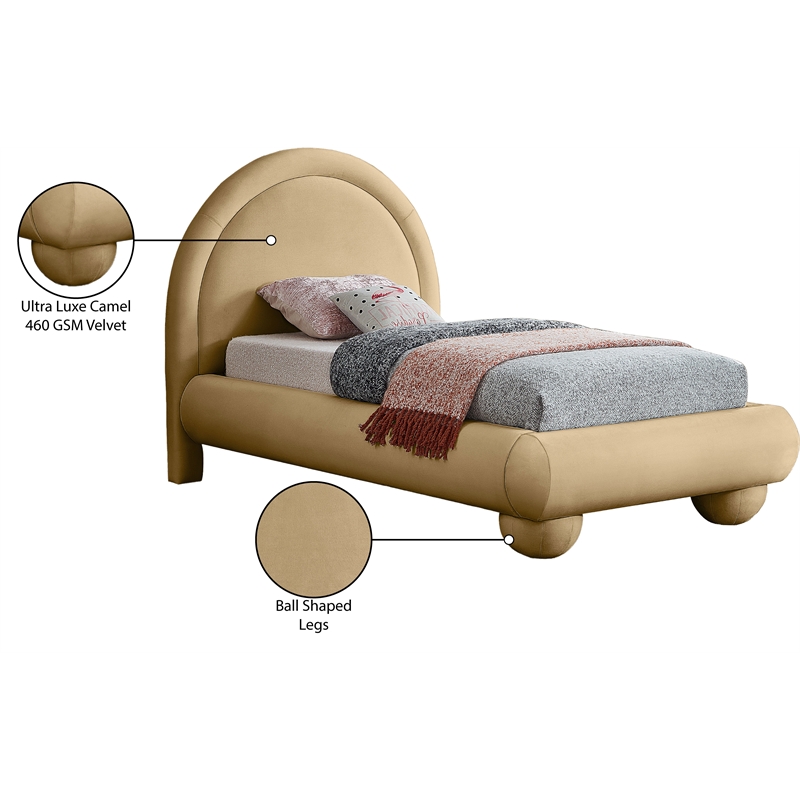 Bowery Hill Contemporary Camel Durable Velvet Twin Bed with Ball Shaped Legs