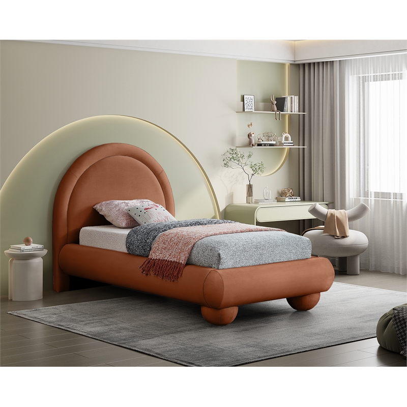 Bowery Hill Contemporary Cognac Durable Velvet Twin Bed with Ball Shaped Legs