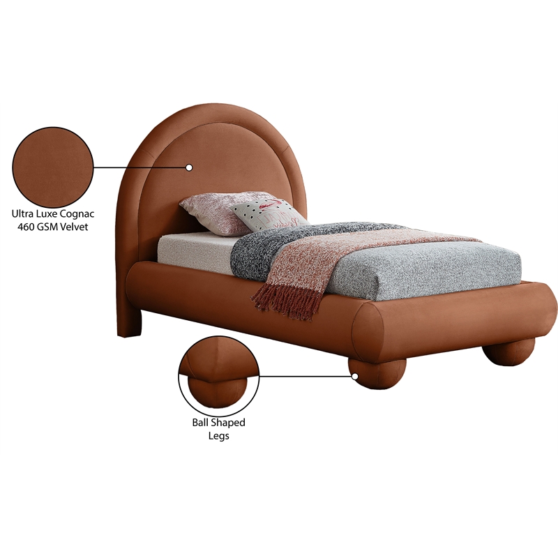 Bowery Hill Contemporary Cognac Durable Velvet Twin Bed with Ball Shaped Legs